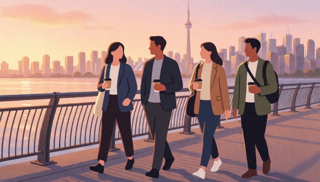 Stylized illustration of four adults in varied business-casual walking along a Toronto waterfront boardwalk at golden hour with takeaway coffees, tote and shoulder bags, and a soft skyline including the CN Tower