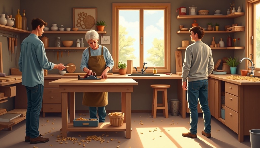 Older woodworker planing a board while two visitors watch in a sunlit garage workshop