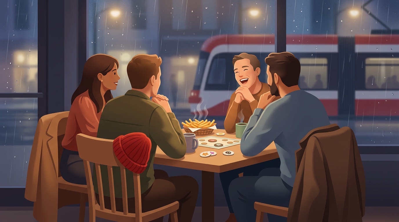 Stylized illustration of friends laughing around a café table with fries and game tokens on a rainy Toronto night, red streetcar through the window, red beanie on a chair