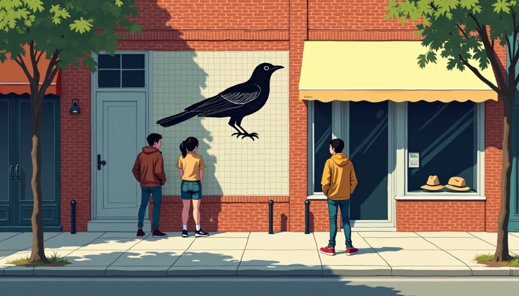 Three people paused on a sunny brick street looking up at a crow mural above a vintage shop — a Queen West walk that almost didn’t happen