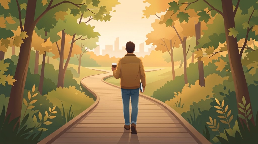 Stylized illustration of a person seen from behind walking a wooden boardwalk through a sunlit Toronto ravine in fall, coffee cup and book in hand, a calm solo afternoon outing