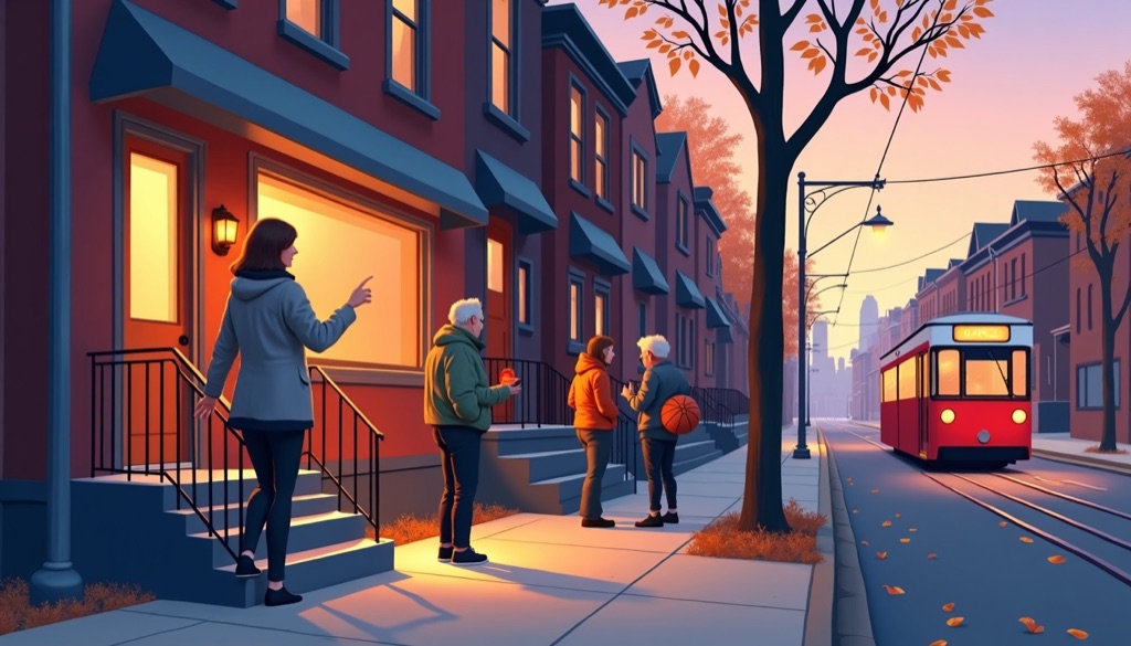 Someone on the lit front steps of a Toronto row house at dusk gestures down the sidewalk to a small mixed-age group, one holding a basketball, as a red streetcar passes — heading out to join a plan tonight