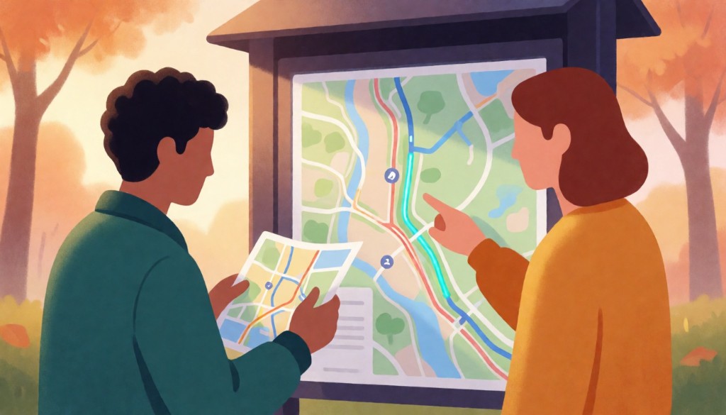 Stylized autumn park illustration: one adult with a paper trail map, another pointing at a path on a kiosk map board while planning a walk together