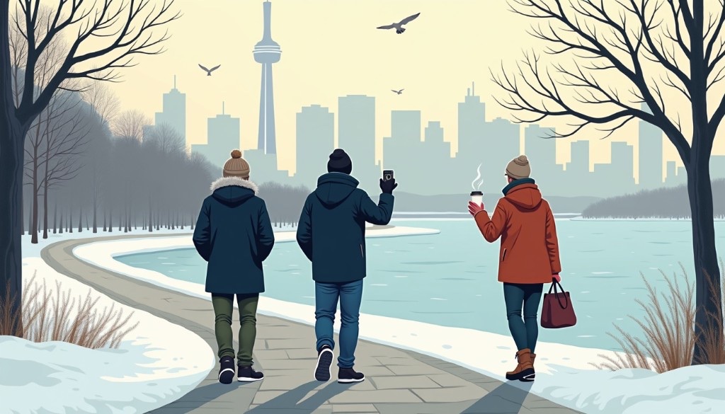 Three people on a winter lakeside path — one photographing, one with hot chocolate — a quiet Joiyin photo walk by the water