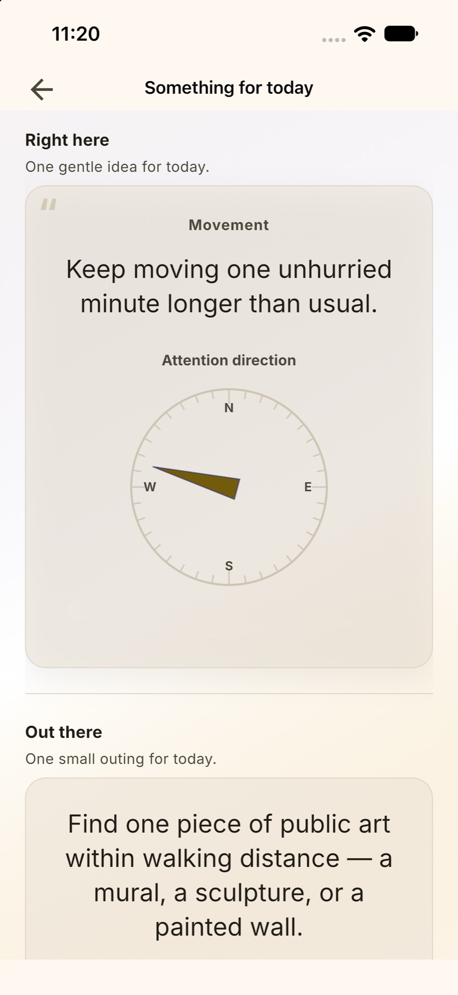 Joiyin Something for today screen with today's ideas and an attention compass